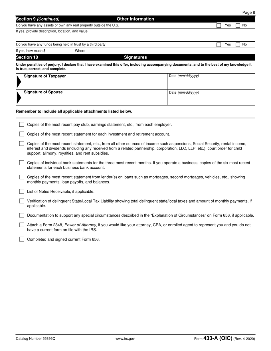 Form 433-A (OIC) Collection Information Statement for Wage Earners and Self-employed Individuals, Page 8