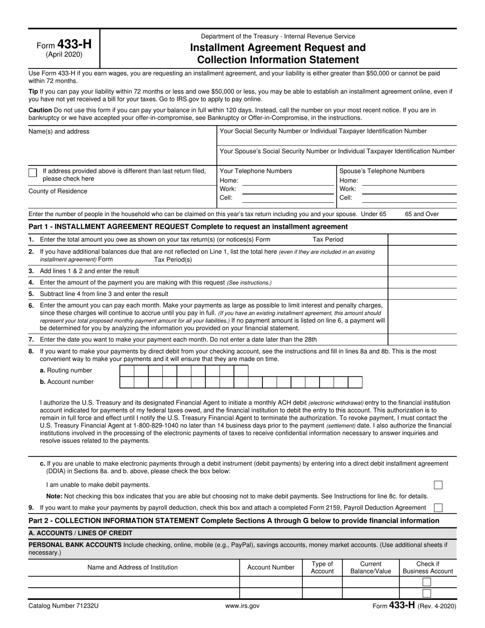 IRS Form 433-H Installment Agreement Request and Collection Information Statement, Page 1