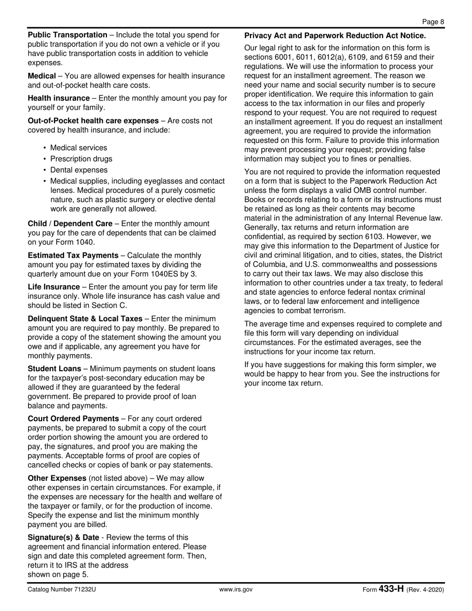 IRS Form 433-H Installment Agreement Request and Collection Information Statement, Page 8