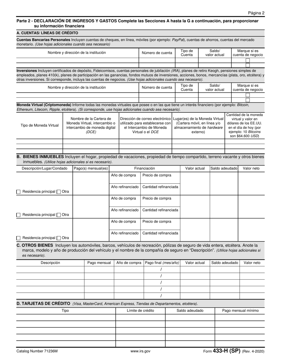 IRS Formulario 433-H (SP) Solicitud De Plan De Pagos a Plazos Y Declaracion De Ingresos Y Gastos (Spanish), Page 2