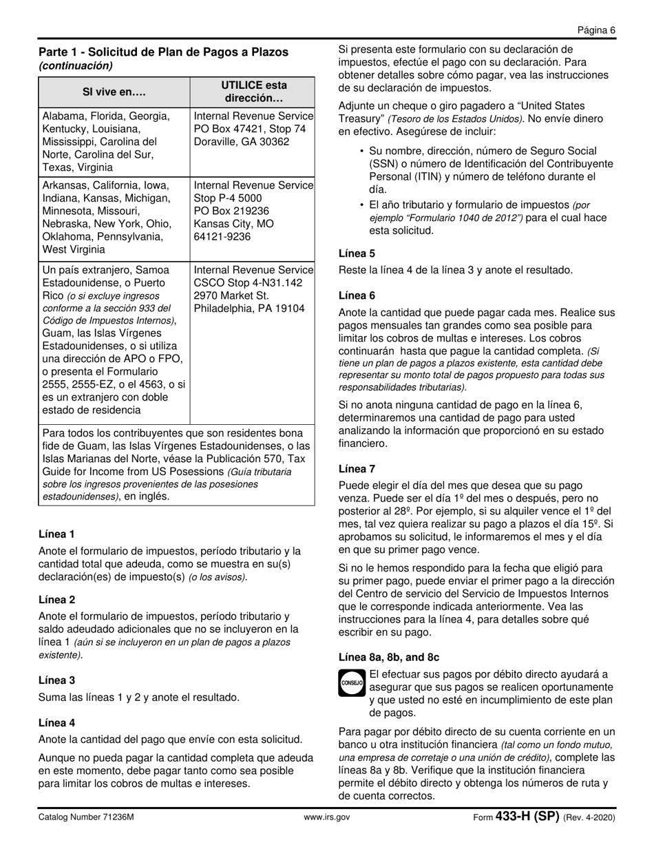 IRS Formulario 433-H (SP) Solicitud De Plan De Pagos a Plazos Y Declaracion De Ingresos Y Gastos (Spanish), Page 6
