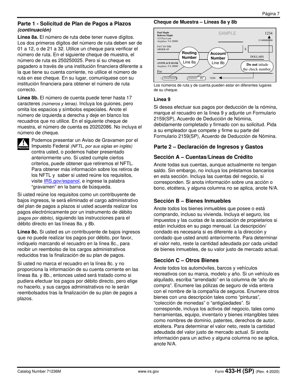 IRS Formulario 433-H (SP) Solicitud De Plan De Pagos a Plazos Y Declaracion De Ingresos Y Gastos (Spanish), Page 7