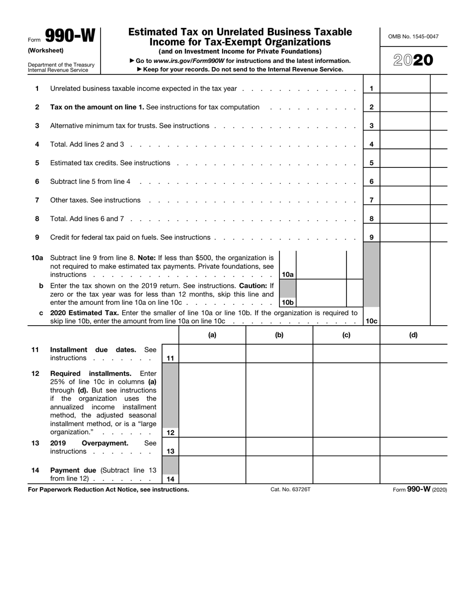 IRS Form 990-W Estimated Tax on Unrelated Business Taxable Income for Tax-Exempt Organizations, Page 1