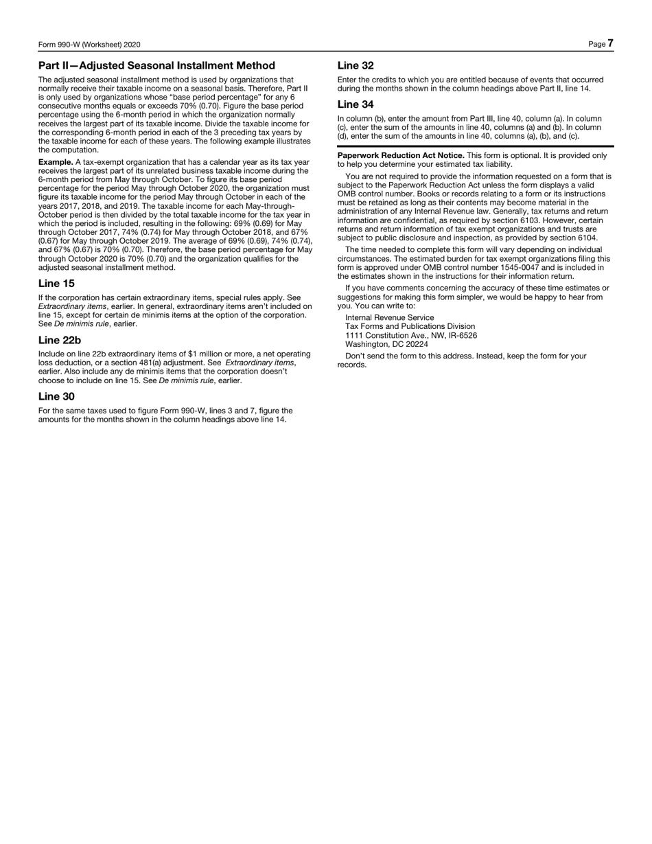 IRS Form 990-W Estimated Tax on Unrelated Business Taxable Income for Tax-Exempt Organizations, Page 7