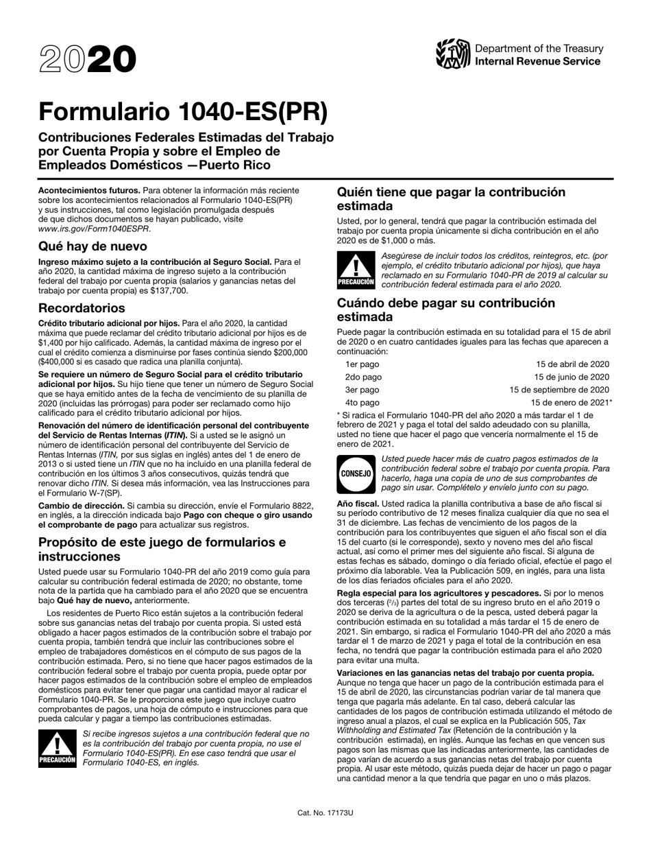 IRS Formulario 1040-ES (PR) Contribuciones Federales Estimadas Del Trabajo Por Cuenta Propia Y Sobre El Empleo De Empleados Domesticos - Puerto Rico (Puerto Rican Spanish), Page 1