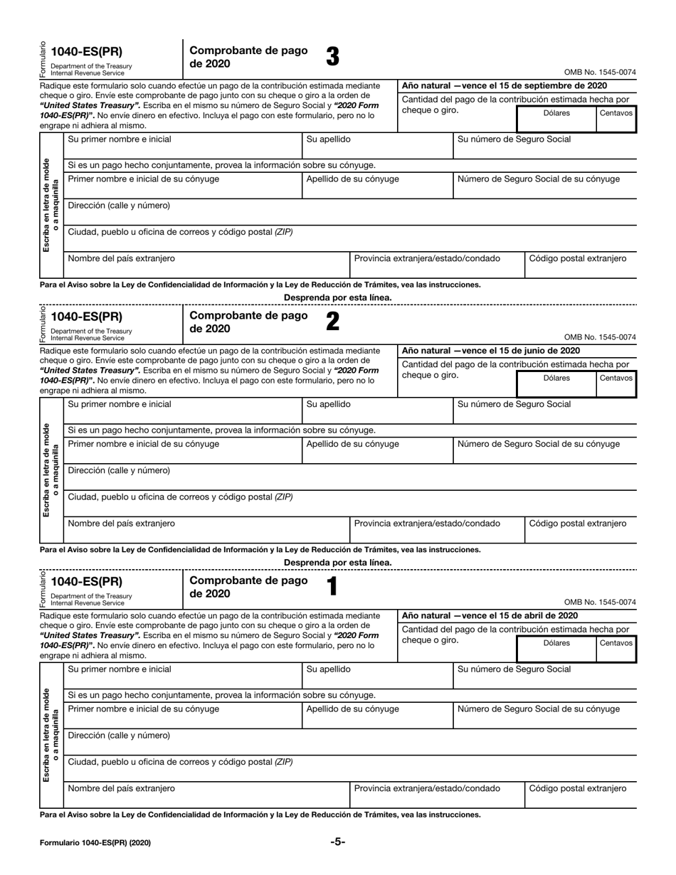IRS Formulario 1040-ES (PR) Contribuciones Federales Estimadas Del Trabajo Por Cuenta Propia Y Sobre El Empleo De Empleados Domesticos - Puerto Rico (Puerto Rican Spanish), Page 5