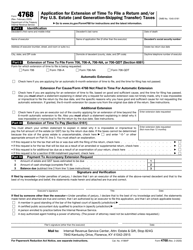 Document preview: IRS Form 4768 Application for Extension of Time to File a Return and/or Pay U.S. Estate (And Generation-Skipping Transfer) Taxes