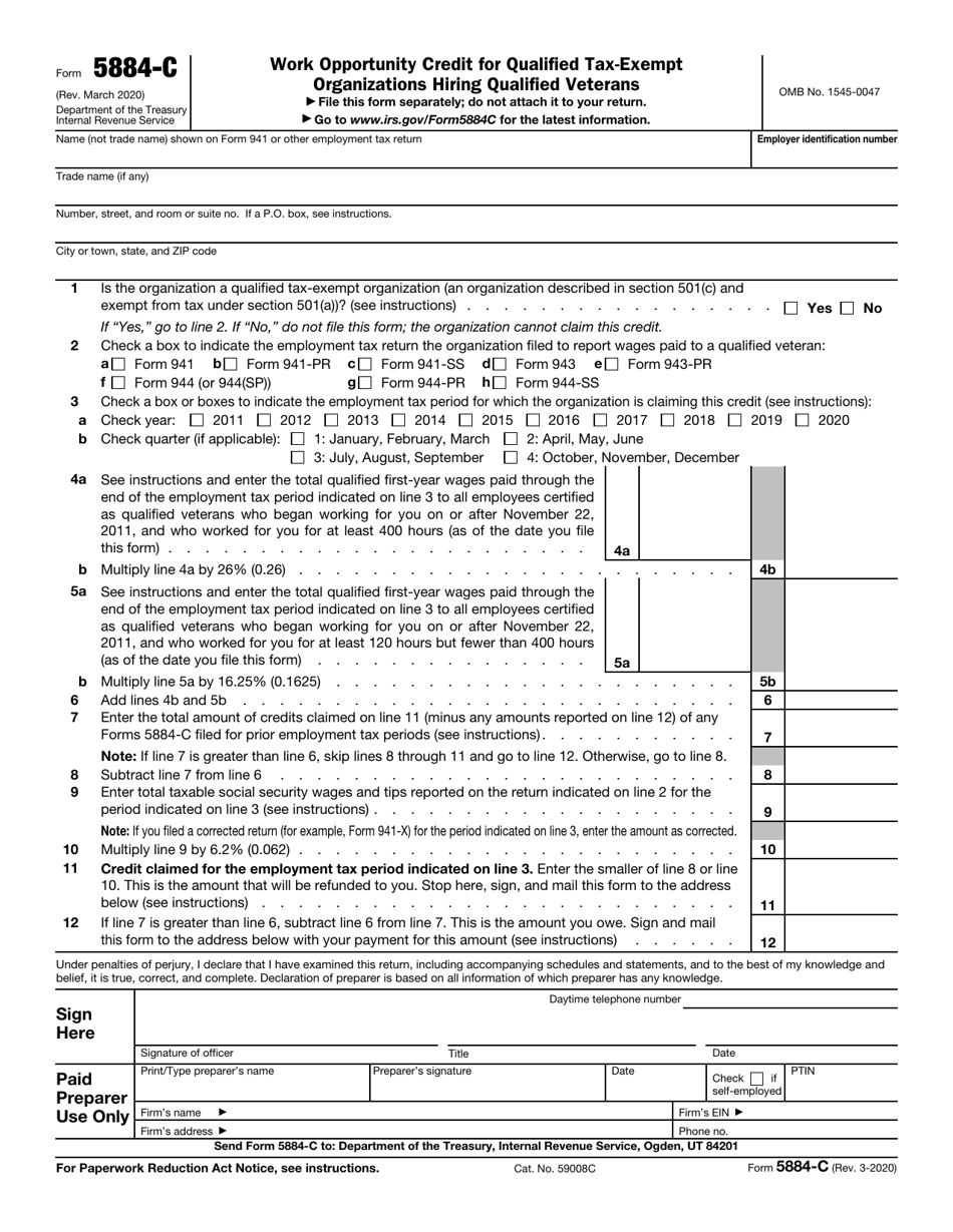IRS Form 5884-C Work Opportunity Credit for Qualified Tax-Exempt Organizations Hiring Qualified Veterans, Page 1