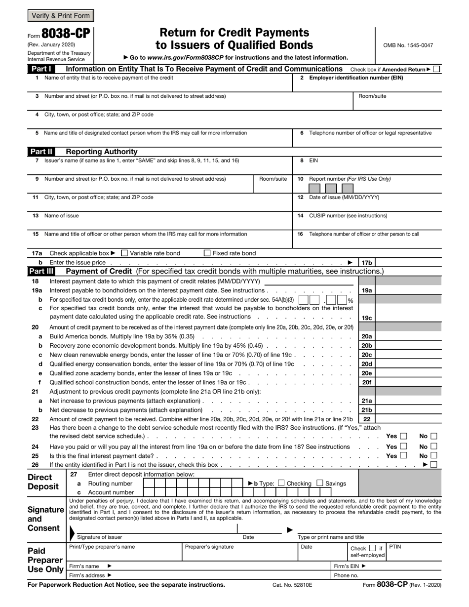 IRS Form 8038-CP Return for Credit Payments to Issuers of Qualified Bonds, Page 1