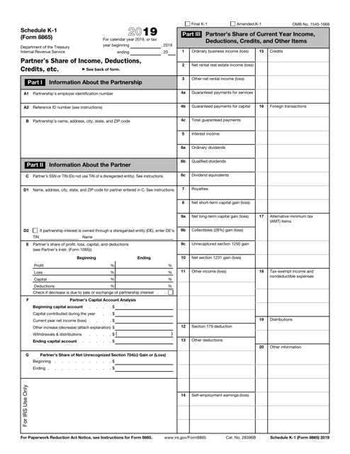 IRS Form 8865 Schedule K-1 2019 Printable Pdf