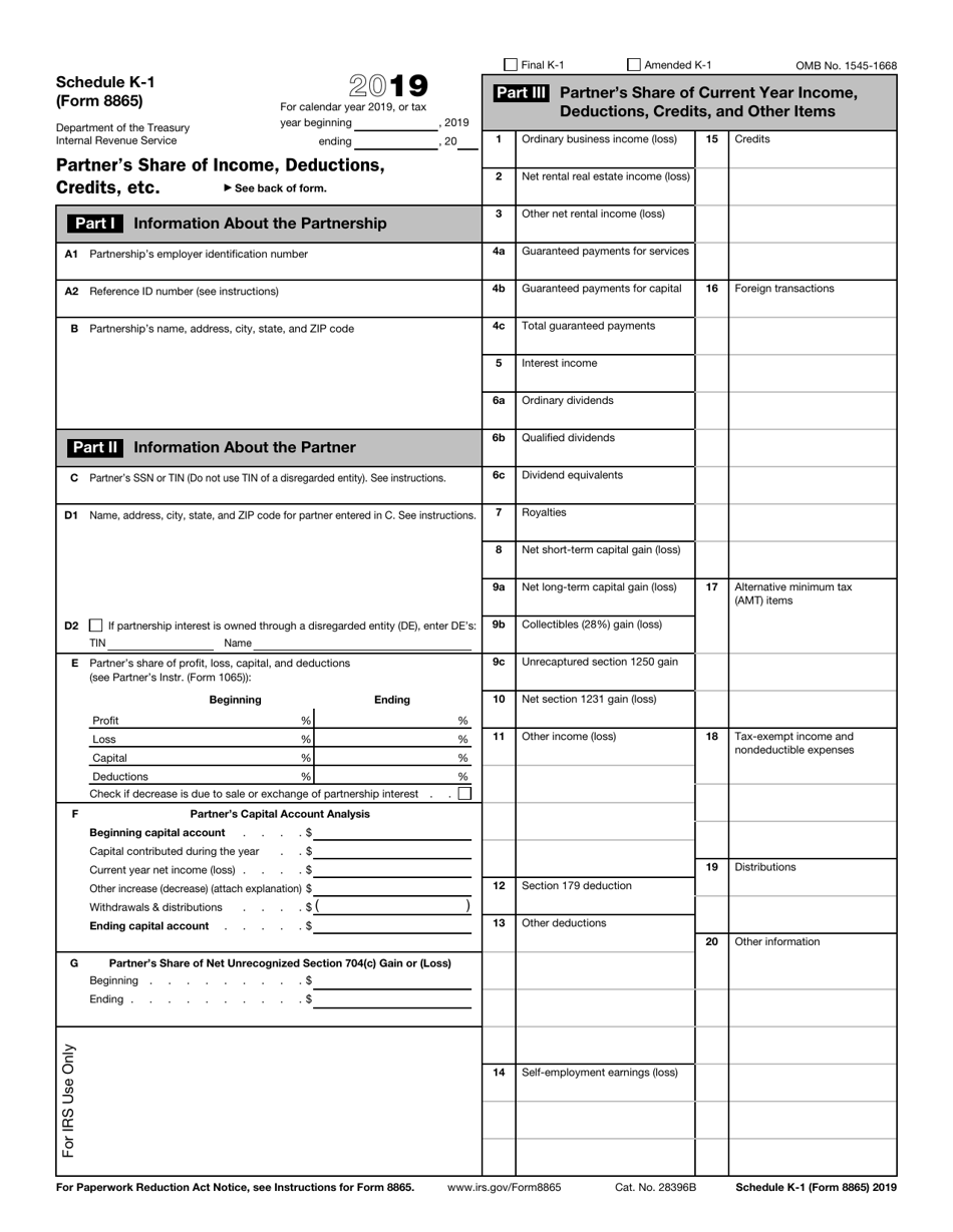 IRS Form 8865 Schedule K-1 Partners Share of Income, Deductions, Credits, Etc., Page 1