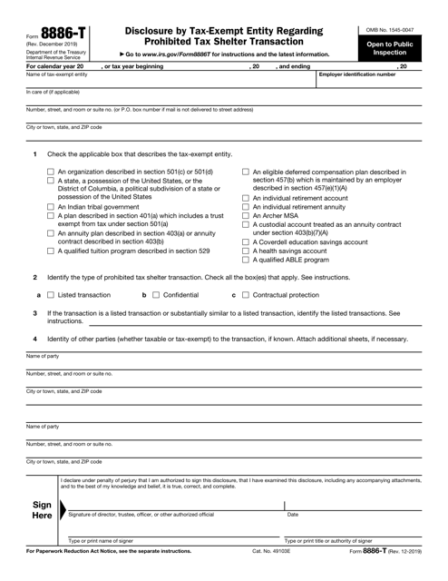 IRS Form 8886-T Disclosure by Tax Exempt Entity Regarding Prohibited Tax Shelter Transaction
