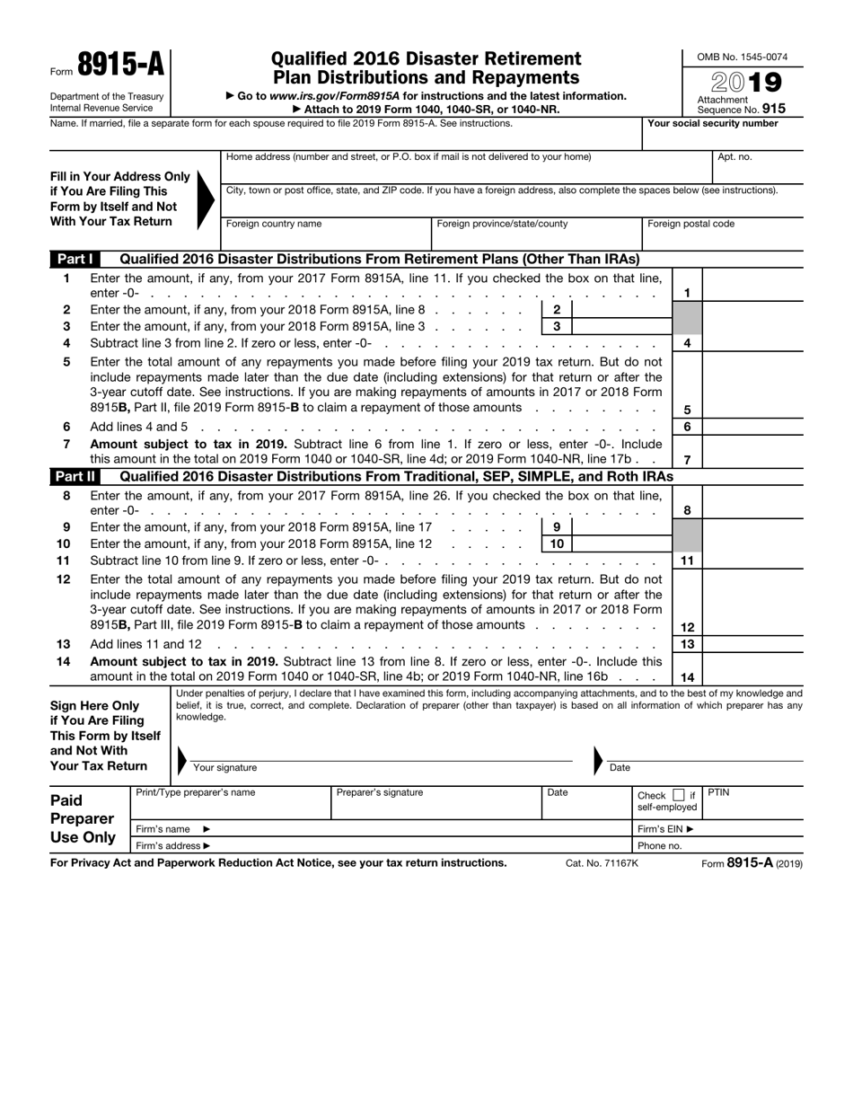 IRS Form 8915-A Download Fillable PDF or Fill Online Qualified 2016 ...