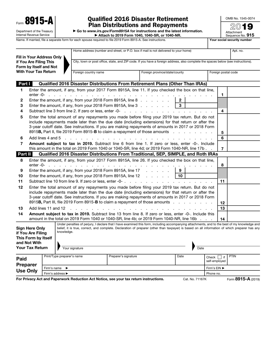 IRS Form 8915-A Qualified 2016 Disaster Retirement Plan Distributions and Repayments, Page 1