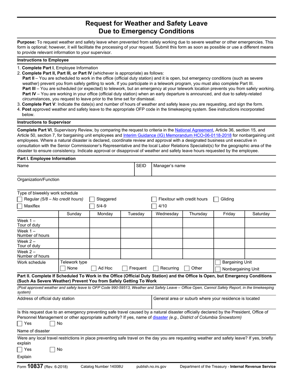 IRS Form 10837 Request for Weather and Safety Leave Due to Emergency Conditions, Page 1