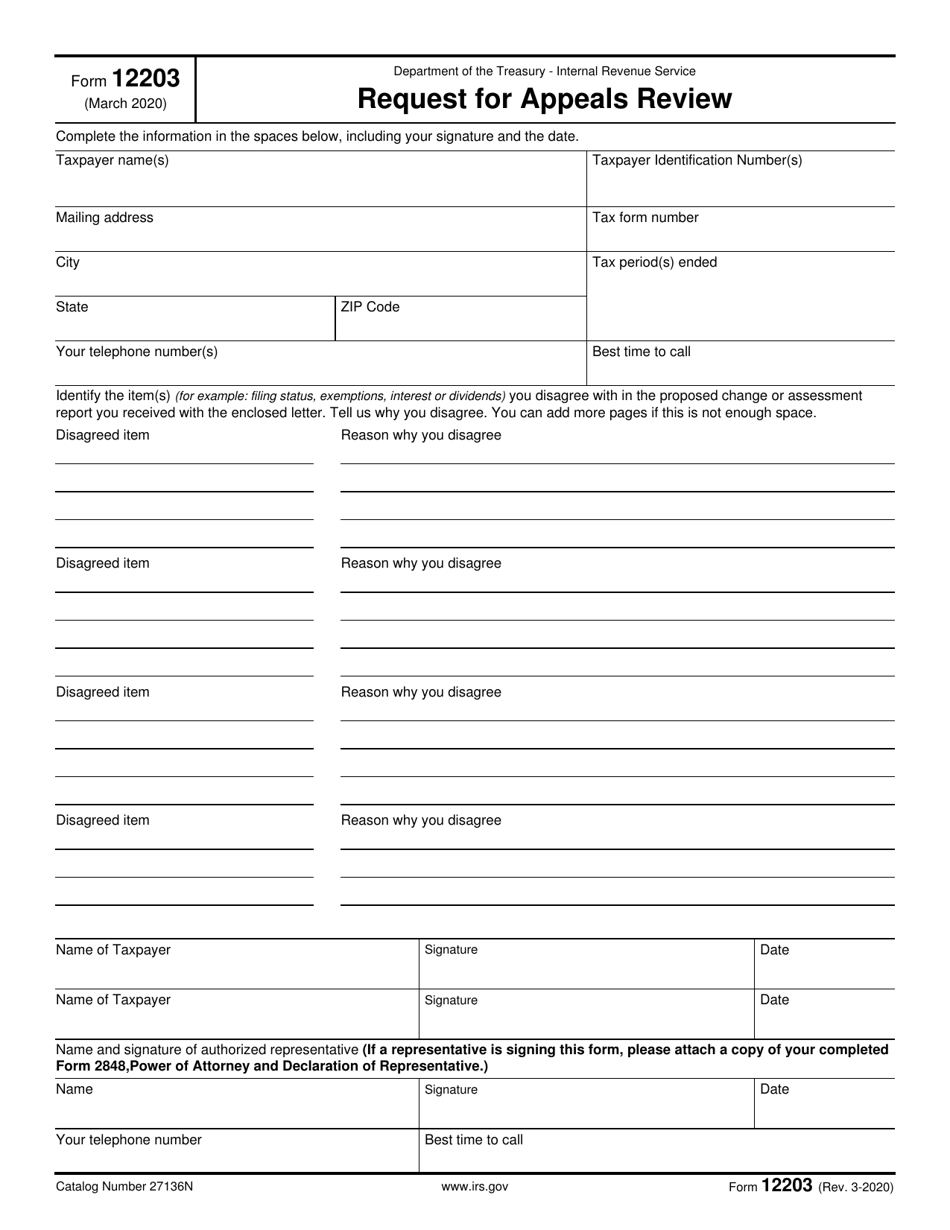 IRS Form 12203 Request for Appeals Review, Page 1