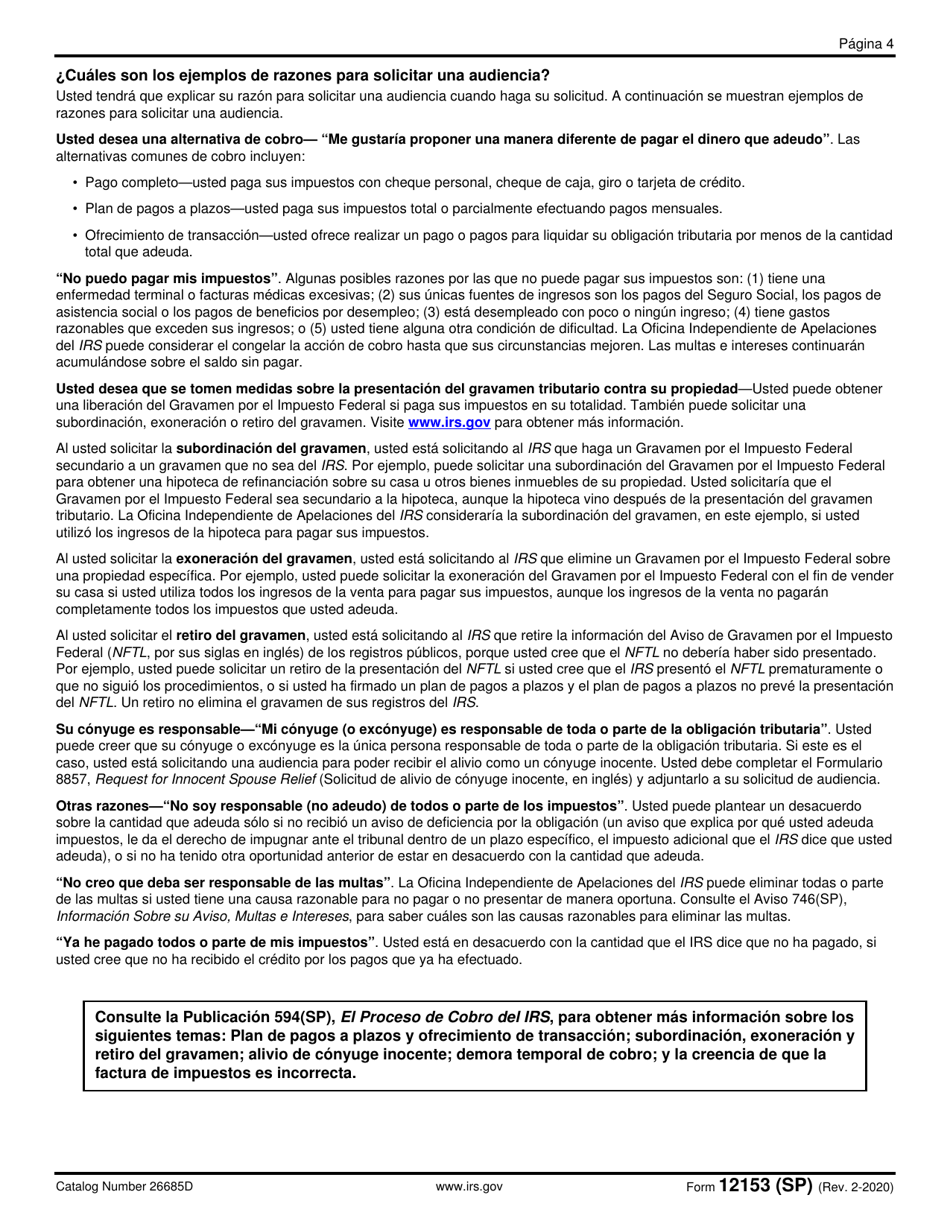 IRS Formulario 12153 (SP) Solicitud Para Una Audiencia Sobre El Debido Proceso De Cobro O Una Audiencia Equivalente (Spanish), Page 4