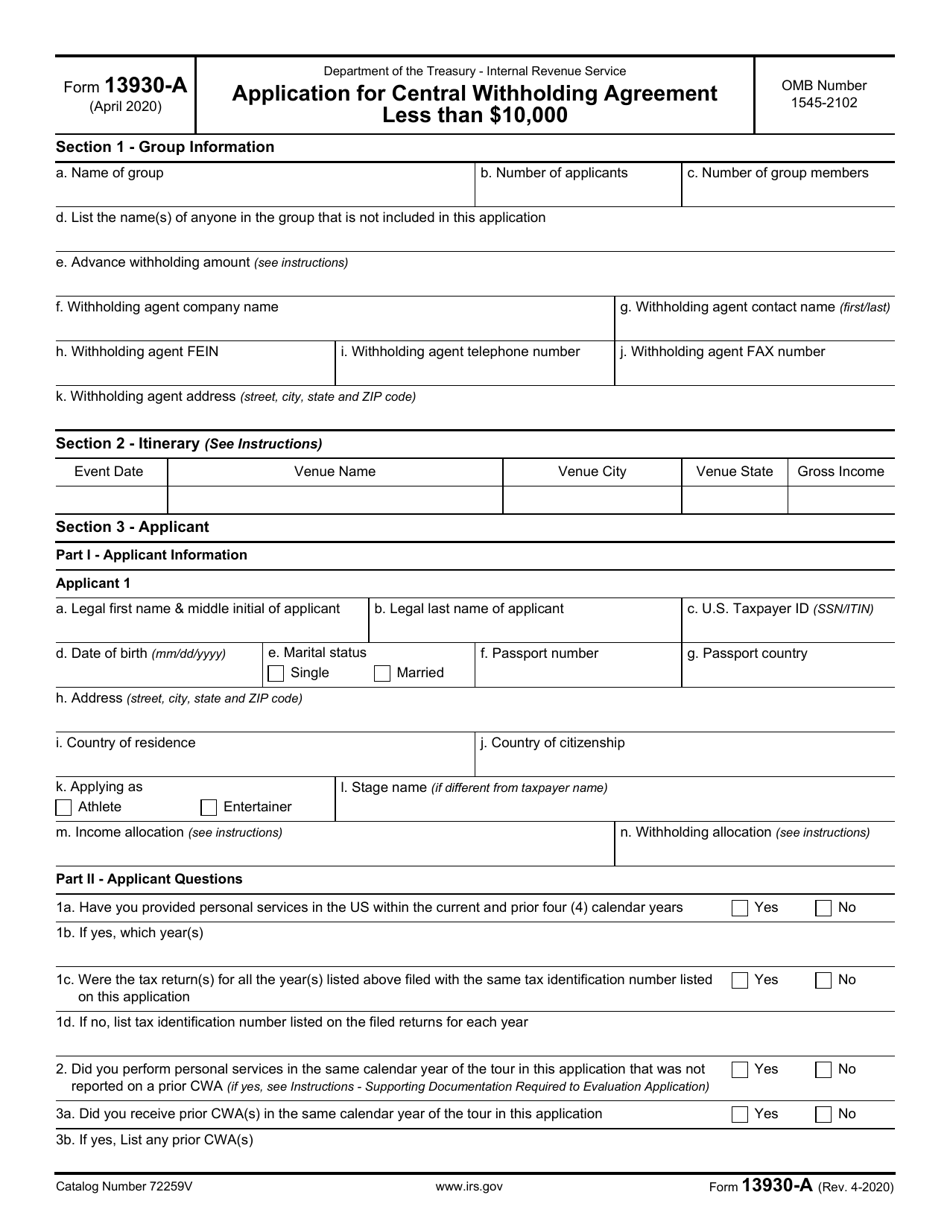 IRS Form 13930-A Application for Central Withholding Agreement Less Than $10,000, Page 1