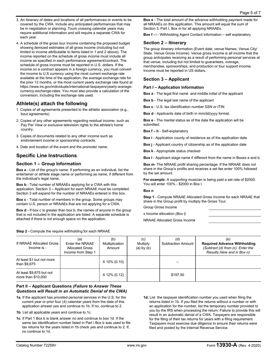 IRS Form 13930-A Application for Central Withholding Agreement Less Than $10,000, Page 5