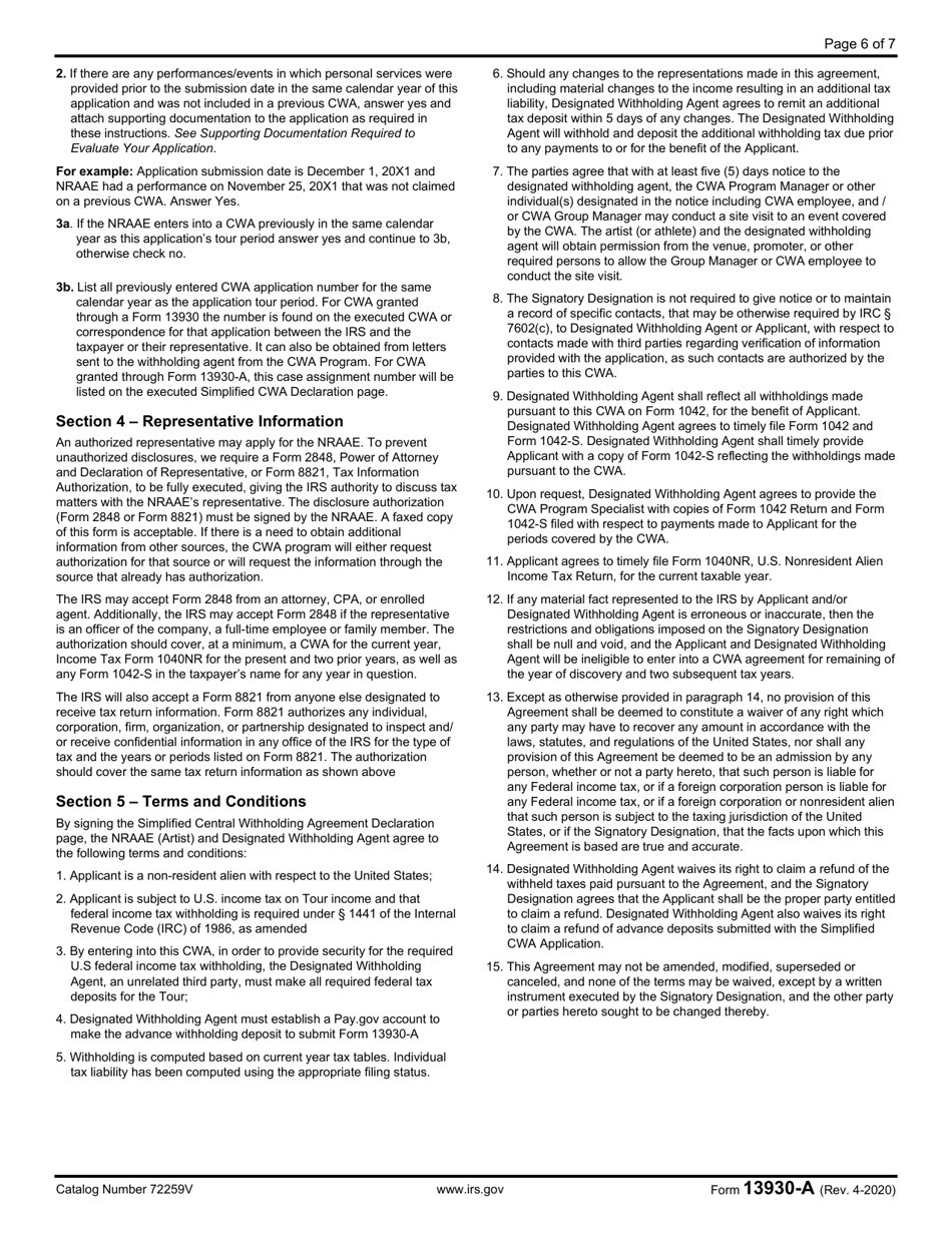 IRS Form 13930-A Application for Central Withholding Agreement Less Than $10,000, Page 6