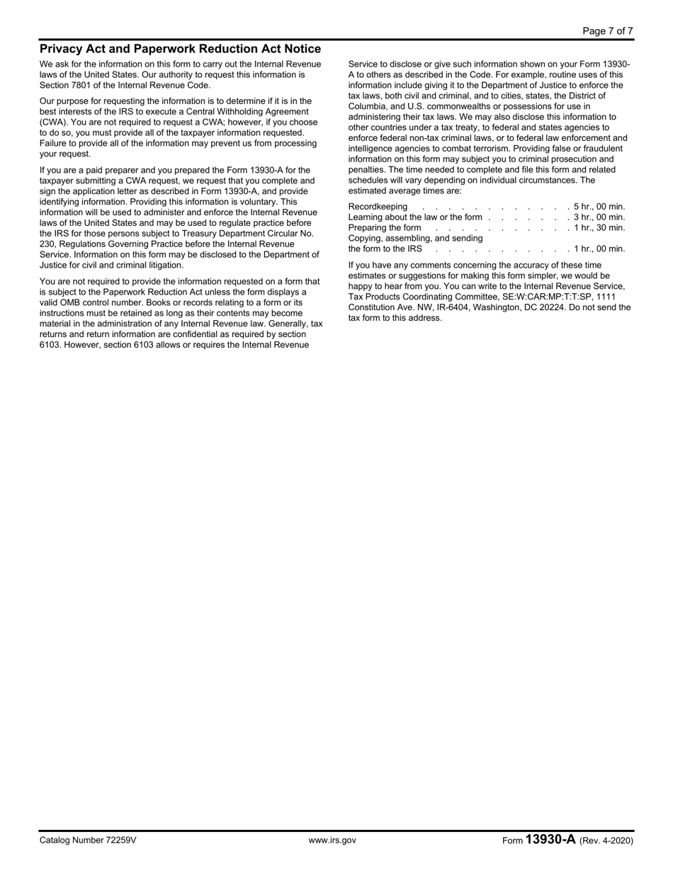 IRS Form 13930-A Application for Central Withholding Agreement Less Than $10,000, Page 7