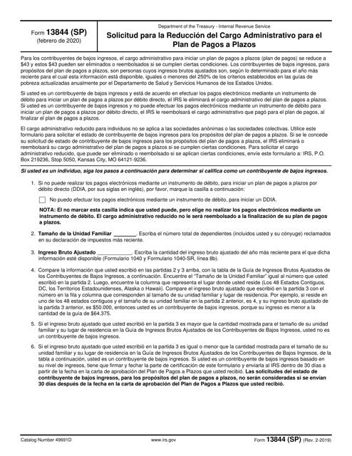 Document preview: IRS Formulario 13844(SP) Solicitud Para La Reduccion Del Cargo Administrativo Para El Plan De Pagos a Plazos (Spanish)