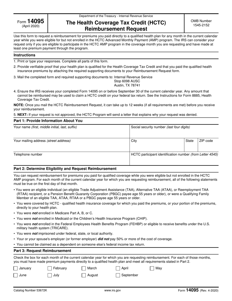 IRS Form 14095 The Health Coverage Tax Credit (Hctc) Reimbursement Request, Page 1