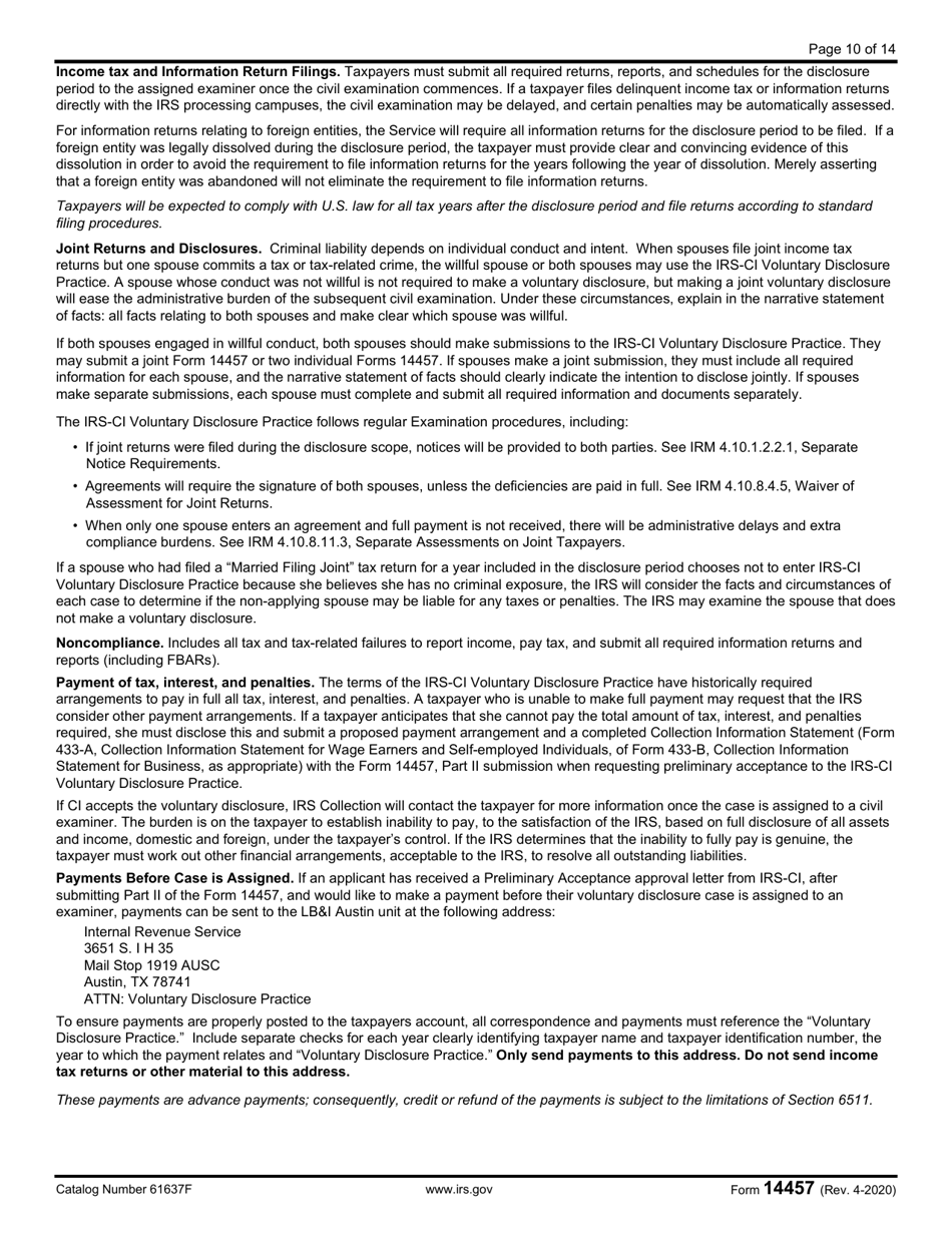 IRS Form 14457 Voluntary Disclosure Practice Preclearance Request and Application, Page 10