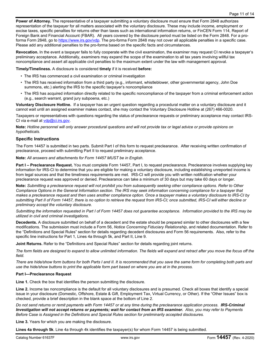 IRS Form 14457 Voluntary Disclosure Practice Preclearance Request and Application, Page 11