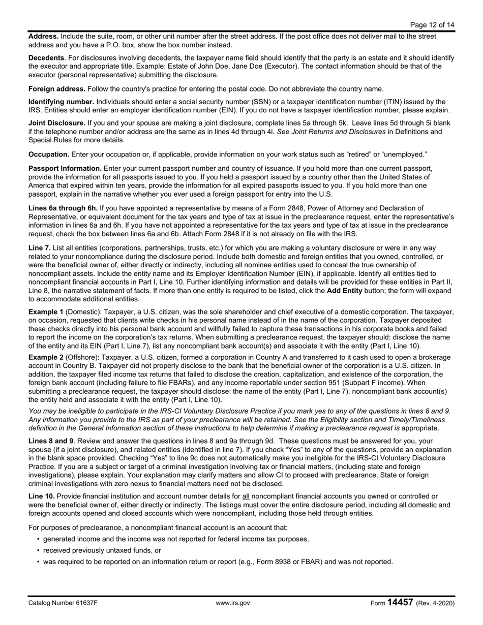 IRS Form 14457 Voluntary Disclosure Practice Preclearance Request and Application, Page 12