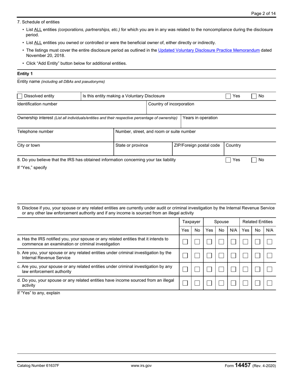 IRS Form 14457 Voluntary Disclosure Practice Preclearance Request and Application, Page 2