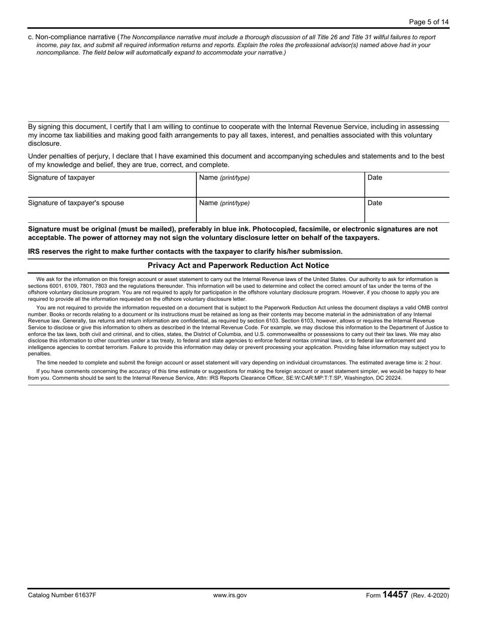 IRS Form 14457 Voluntary Disclosure Practice Preclearance Request and Application, Page 5