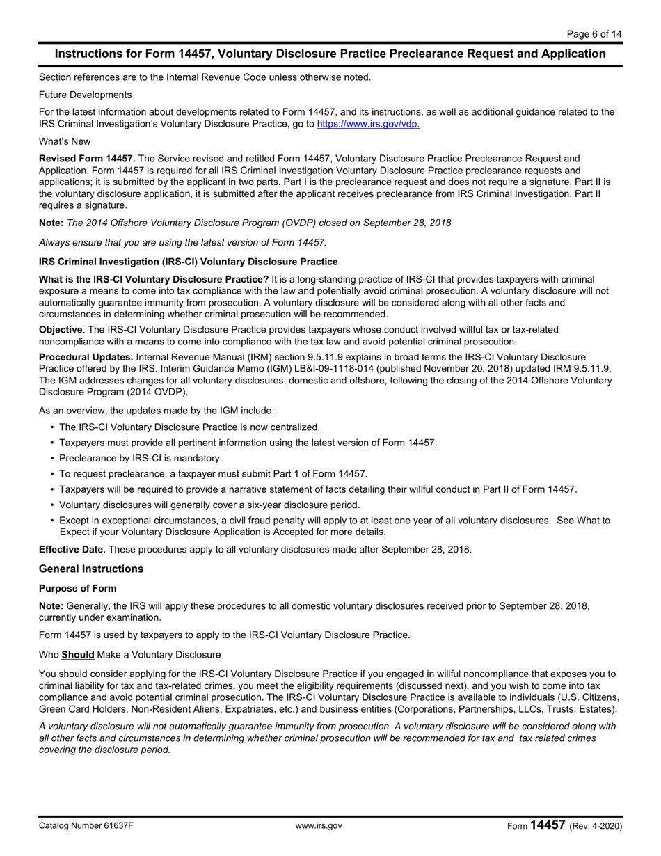 IRS Form 14457 Voluntary Disclosure Practice Preclearance Request and Application, Page 6