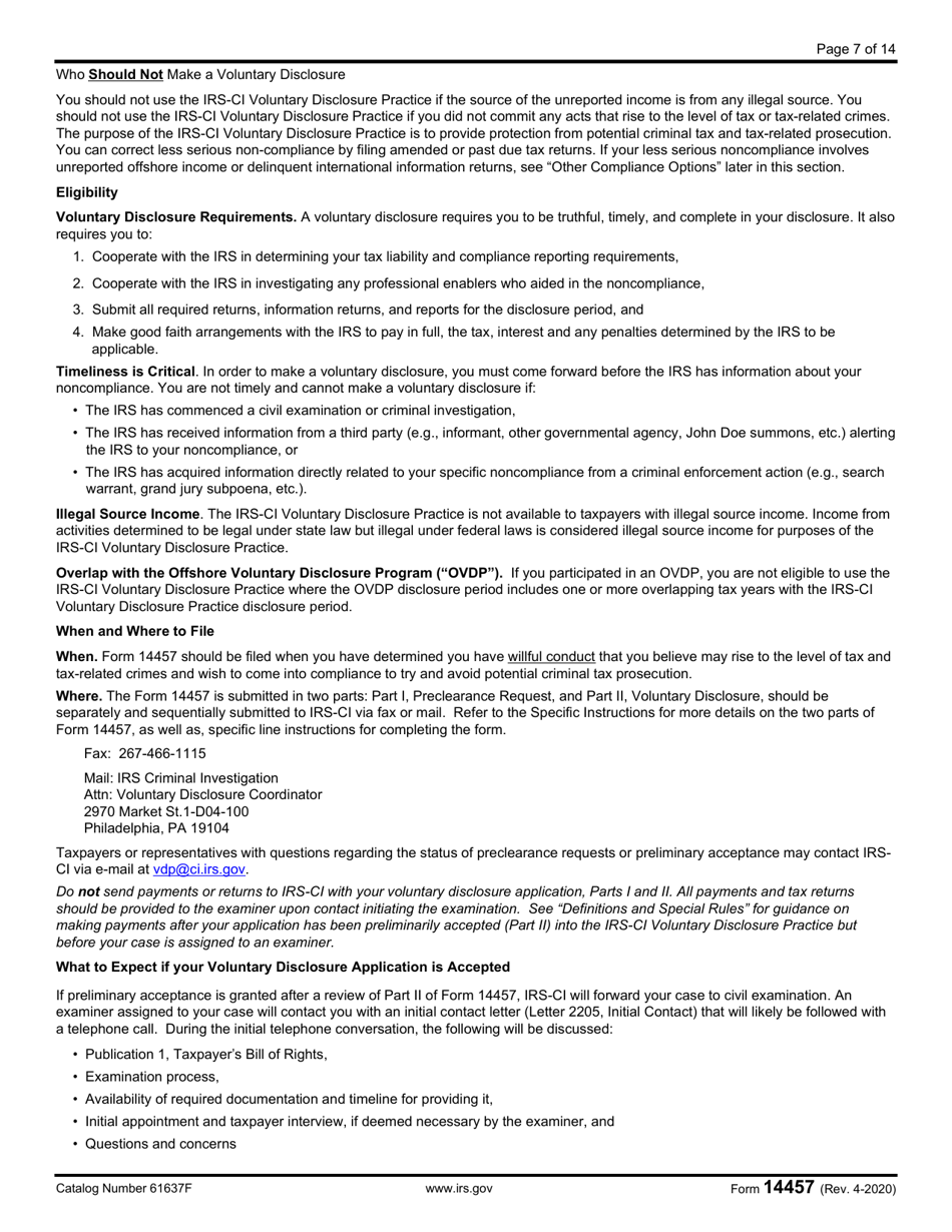 IRS Form 14457 Voluntary Disclosure Practice Preclearance Request and Application, Page 7
