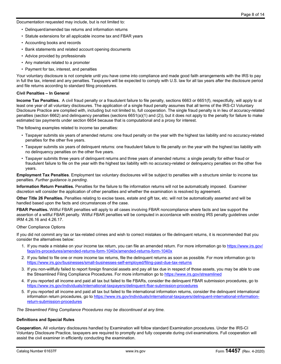 IRS Form 14457 Voluntary Disclosure Practice Preclearance Request and Application, Page 8