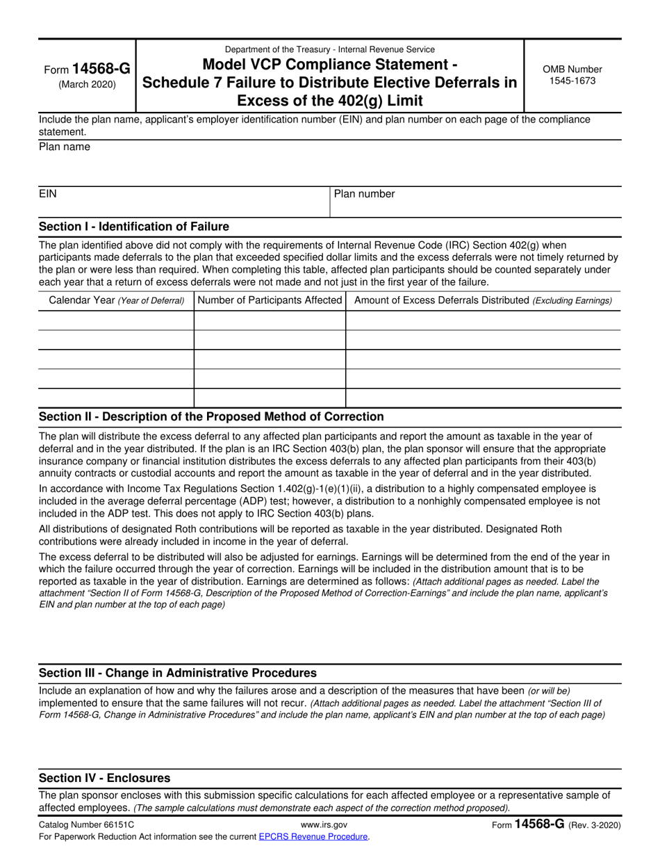 IRS Form 14568-G Schedule 7 Model Vcp Compliance Statement - Failure to Distribute Elective Deferrals in Excess of the 402(G) Limit, Page 1