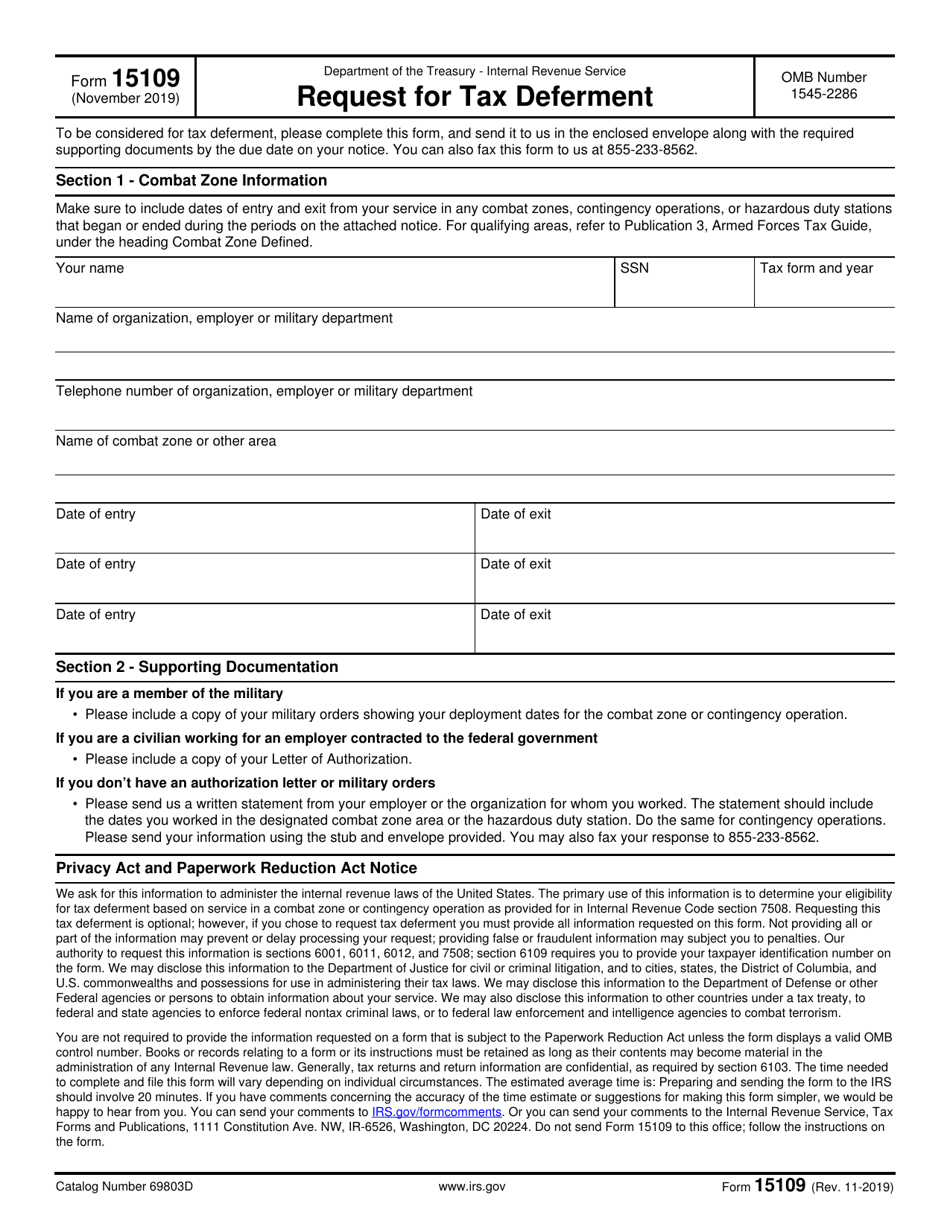IRS Form 15109 Request for Tax Deferment, Page 1