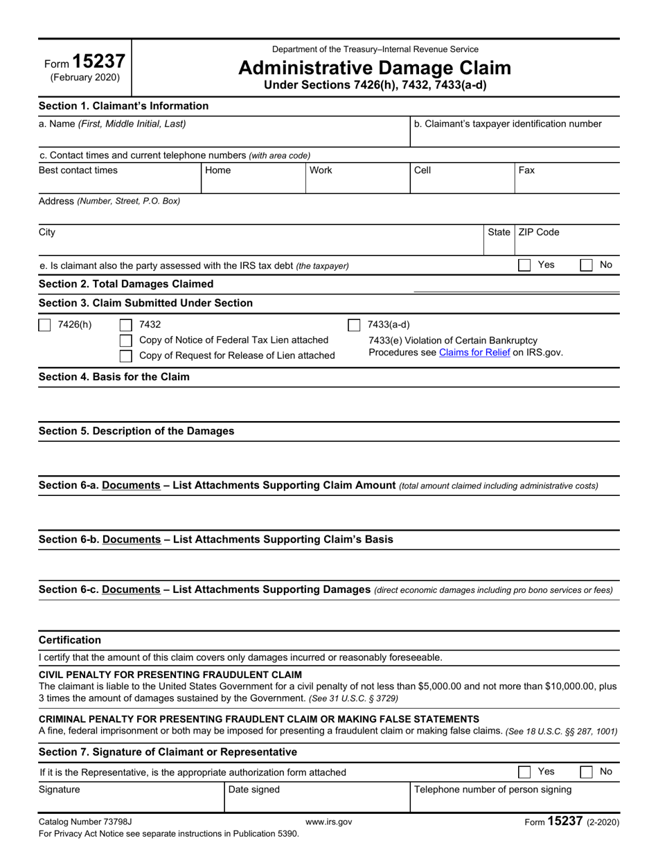 IRS Form 15237 Administrative Damage Claim Under Sections 7426(H), 7432, 7433(A-D), Page 1