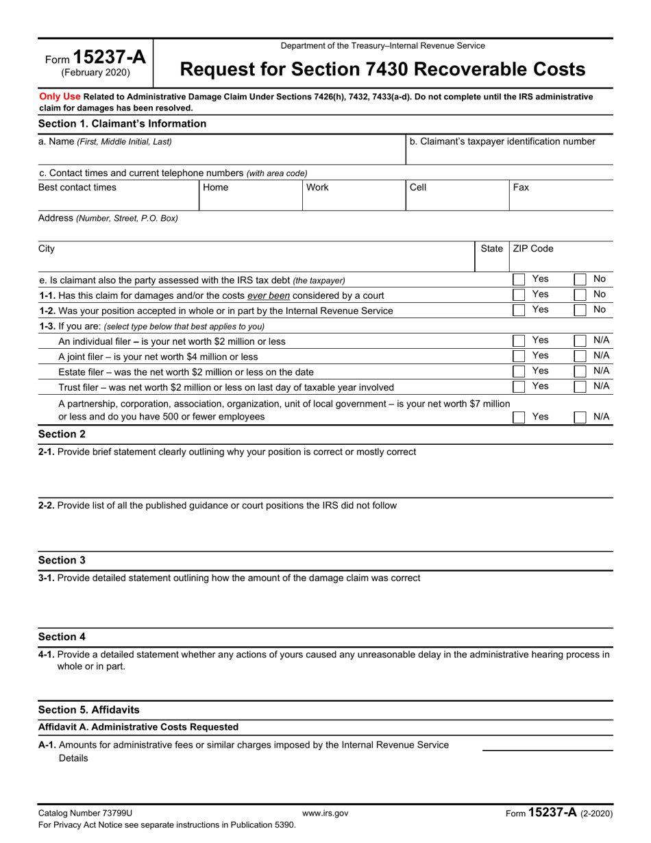 IRS Form 15237-A Request for Section 7430 Recoverable Costs, Page 1
