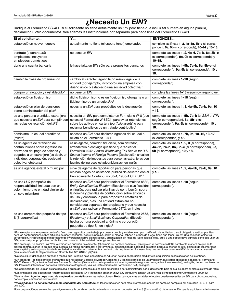 IRS Formulario SS-4PR Solicitud De Numero De Identificacion Patronal (Ein) (Spanish), Page 2