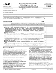 IRS Form W-4S &quot;Request for Federal Income Tax Withholding From Sick Pay&quot;, 2020