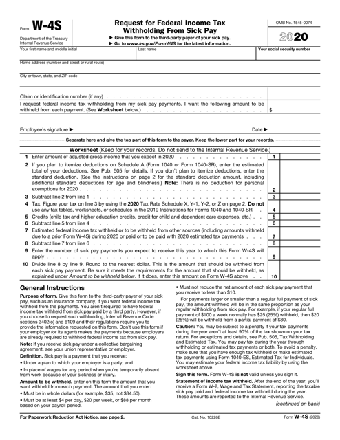 IRS Form W-4S 2020 Printable Pdf