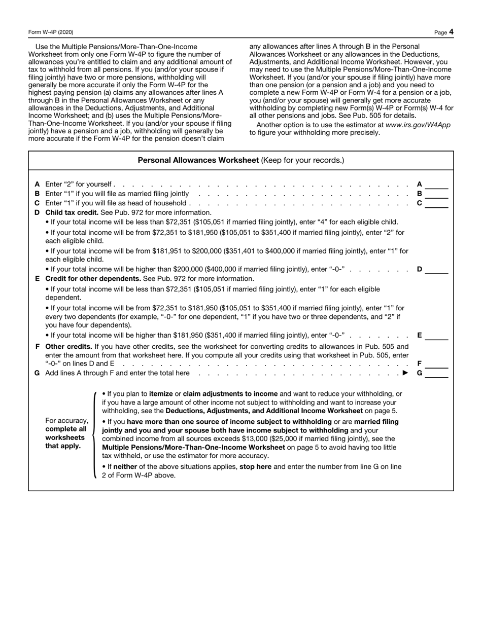 IRS Form W4P 2020 Fill Out, Sign Online and Download Fillable PDF