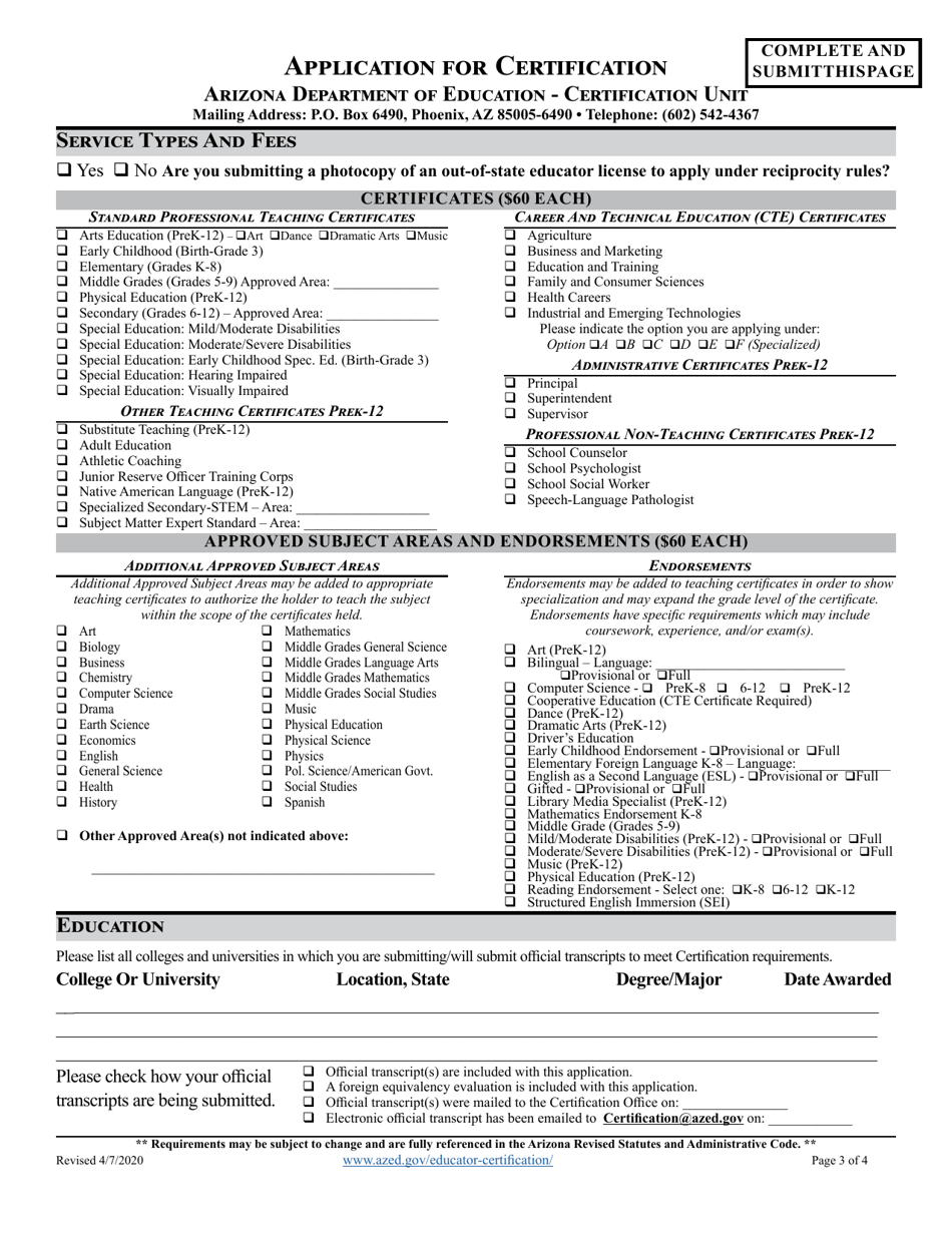 Application for Certification - Arizona, Page 3