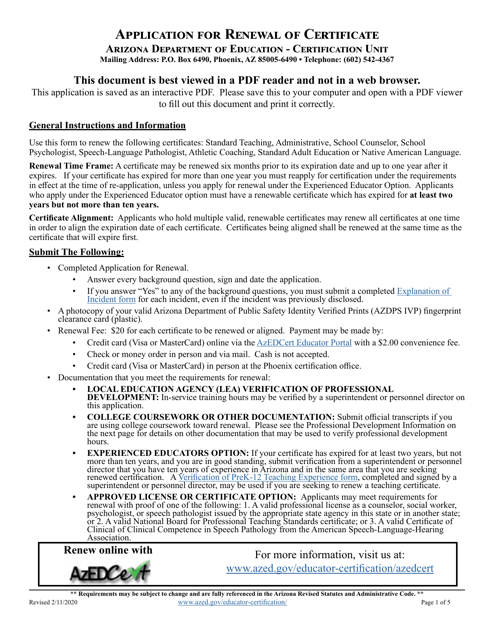 Application for Renewal of Certificate - Arizona Download Pdf
