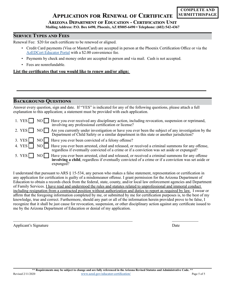 Application for Renewal of Certificate - Arizona, Page 5