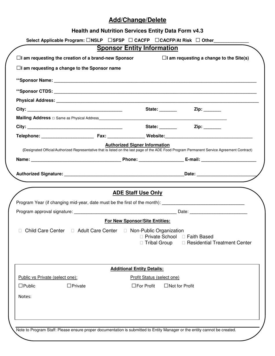 Health and Nutrition Services Entity Data Form - Add / Change / Delete Form - Arizona, Page 1