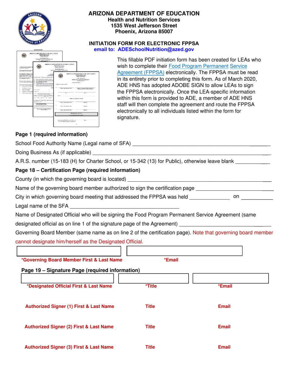 Initiation Form for Electronic Fppsa - Arizona, Page 1