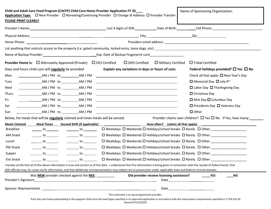 Child and Adult Care Food Program (CACFP) Child Care Home Provider Application - Arizona, Page 1