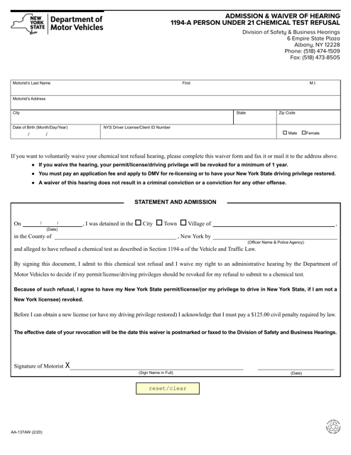 Document preview: Form AA-137AW Admission & Waiver of Hearing 1194-a Person Under 21 Chemical Test Refusal - New York